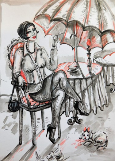 Dessin intitulée ""Frau in Caffe"" par Natia Antadze, Œuvre d'art originale, Encre