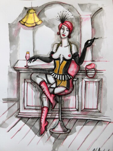Painting titled ""Dame im Bar"" by Natia Antadze, Original Artwork, Ink