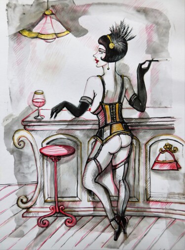 Dessin intitulée ""Dame im Bar 2"" par Natia Antadze, Œuvre d'art originale, Encre