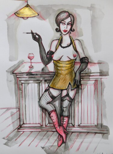 Dessin intitulée ""Dame im Bar 3"" par Natia Antadze, Œuvre d'art originale, Encre