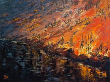 Painting titled "Burning slope" by Natiko, Original Artwork, Oil Mounted on Wood Stretcher frame