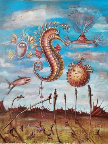 Peinture intitulée "Sky and flying fish…" par Huber (Lapinus) Natalia, Œuvre d'art originale, Acrylique