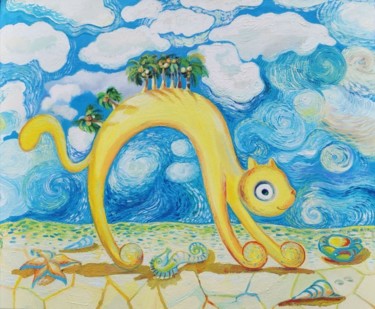 Peinture intitulée "Cat with palm trees" par Huber (Lapinus) Natalia, Œuvre d'art originale, Huile