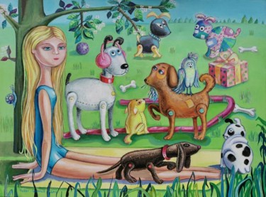 Pintura titulada "Girl in the meadow" por Huber (Lapinus) Natalia, Obra de arte original, Acrílico