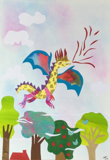 Collages intitulée "quel dragon !" par Nathalie Vanlaer, Œuvre d'art originale, Collages
