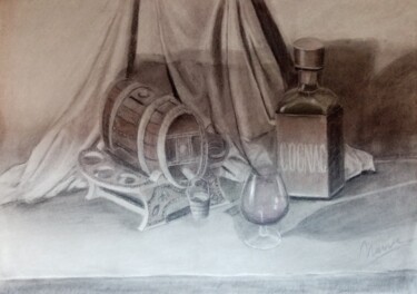 Dessin intitulée "Barril, botella y c…" par Nayeli, Œuvre d'art originale, Fusain