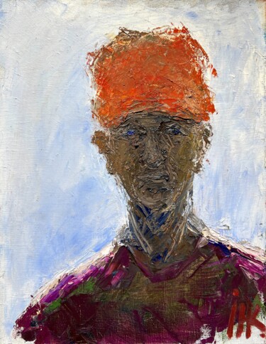Painting titled "A Man in Orange Cap" by Nazar Ivanyuk, Original Artwork, Oil Mounted on Wood Stretcher frame