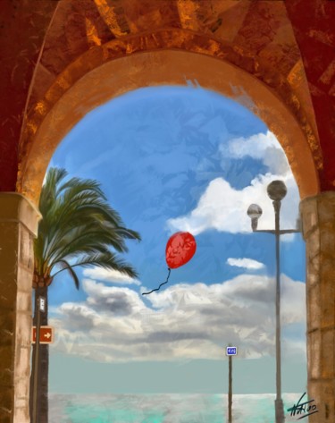 Digital Arts titled "Ballon rouge Nice" by Natoo, Original Artwork, Digital Painting