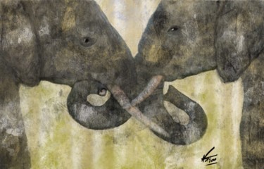 Digitale Kunst mit dem Titel "Éléphants" von Natoo, Original-Kunstwerk, Digitale Malerei