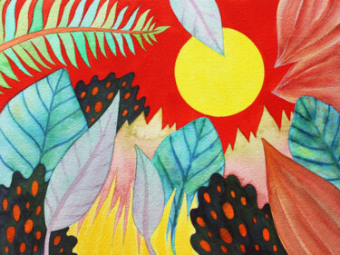 Ζωγραφική με τίτλο "Jungle Sunset" από Ndart, Αυθεντικά έργα τέχνης, Ακουαρέλα