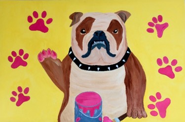 Painting titled "PINKY THE DOG" by Clara.C, Original Artwork, Oil Mounted on Wood Stretcher frame