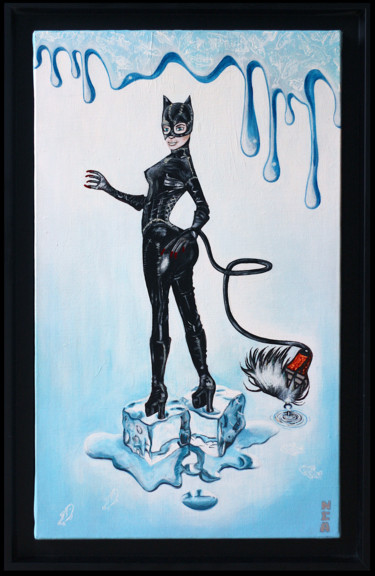 Painting titled "FLUFFY CATWOMAN" by Nea Borgel, Original Artwork, Acrylic Mounted on Wood Stretcher frame