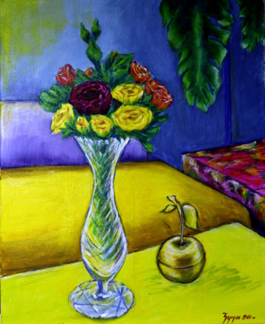 Картина под названием "flowers and a golde…" - Djura, Подлинное произведение искусства, Акрил