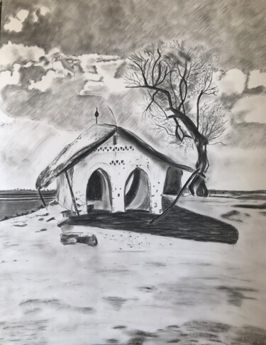 Painting titled "Cabane" by Nedja, Original Artwork, Charcoal