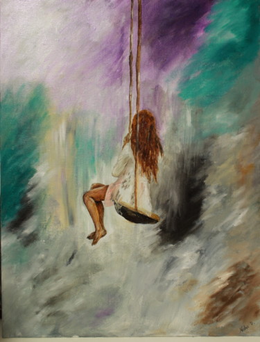 Painting titled "Girl on the swing" by Neha Dubey, Original Artwork, Oil Mounted on Other rigid panel
