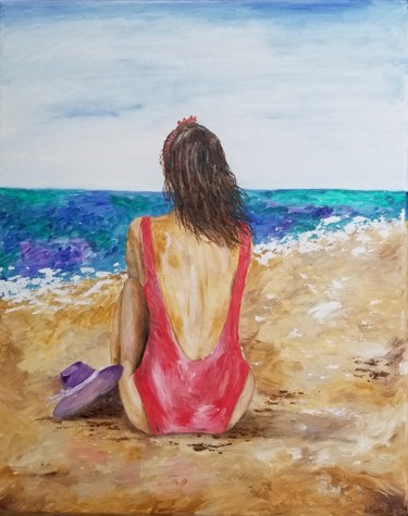 Painting titled "On the beach" by Neha Dubey, Original Artwork, Oil Mounted on Wood Stretcher frame