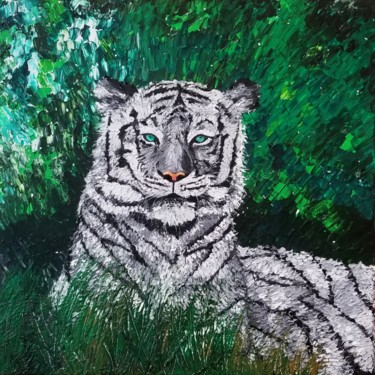 Pittura intitolato "Majestic White Tiger" da Neha Dubey, Opera d'arte originale, Olio Montato su Telaio per barella in legno