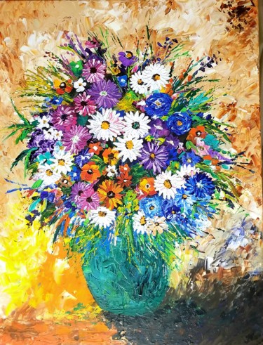 Malarstwo zatytułowany „Bouquet knife paint…” autorstwa Neha Dubey, Oryginalna praca, Akryl Zamontowany na Drewniana rama no…
