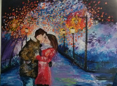 Painting titled "Love Birds" by Neha Dubey, Original Artwork, Oil Mounted on Wood Stretcher frame