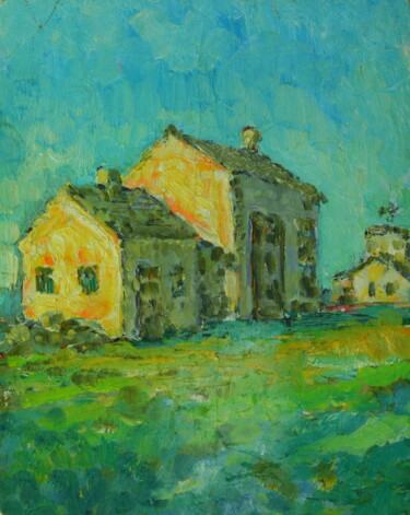 Painting titled "A building illumina…" by Neizvestnyj, Original Artwork, Oil