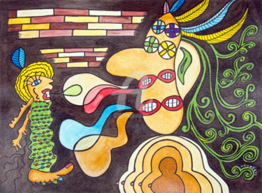 Desenho intitulada "Art singulier. Figu…" por Véronique Lestoquoy (neko92vl), Obras de arte originais, Tinta
