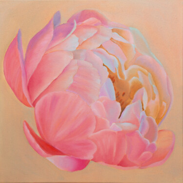 Painting titled "Coral pink peony fl…" by Nelia Hryhorenko, Original Artwork, Oil Mounted on Wood Stretcher frame