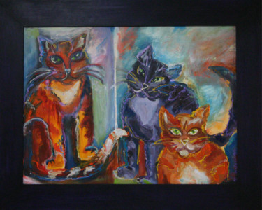 Schilderij getiteld "kleurige katten" door Nelie Meininger, Origineel Kunstwerk, Acryl