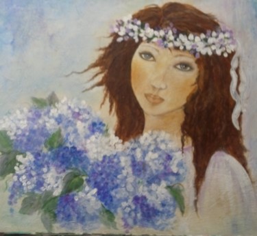 Painting titled "young girl with flo…" by Nelie Meininger, Original Artwork, Oil