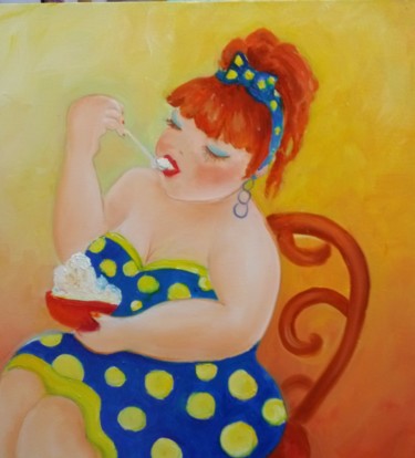 Schilderij getiteld "fat lady enjoying s…" door Nelie Meininger, Origineel Kunstwerk, Olie