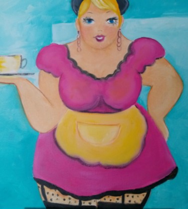 Schilderij getiteld "waitress in pink" door Nelie Meininger, Origineel Kunstwerk, Olie