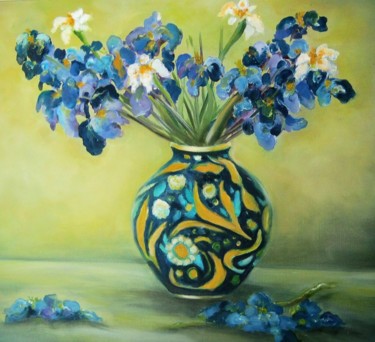 Painting titled "Blue vase with flow…" by Nelie Meininger, Original Artwork, Oil