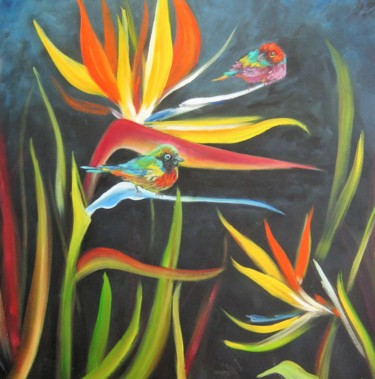 Painting titled "Birds in a colourfu…" by Nelie Meininger, Original Artwork, Oil