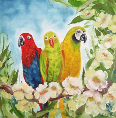 Painting titled "papagaaien/parrots" by Nelie Meininger, Original Artwork, Oil