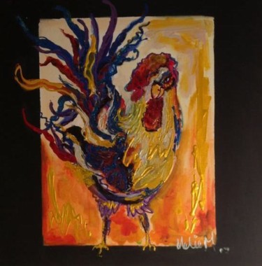 Schilderij getiteld "Electric Rooster" door Nelie Meininger, Origineel Kunstwerk