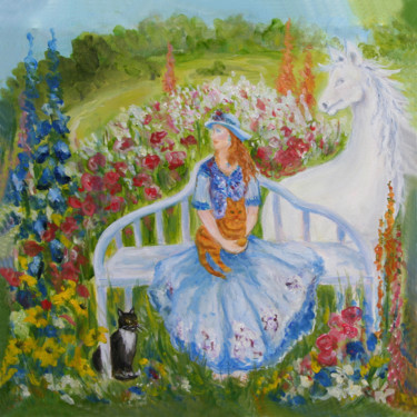 Painting titled "lady  in garden wit…" by Nelie Meininger, Original Artwork, Oil