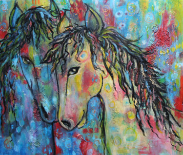 Painting titled "horses on abstract…" by Nelie Meininger, Original Artwork, Acrylic
