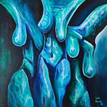 Painting titled "3 Graces in Blue" by Nella Fauve, Original Artwork, Oil Mounted on Wood Stretcher frame