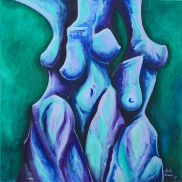 Painting titled "3 Graces in Green" by Nella Fauve, Original Artwork, Oil Mounted on Wood Stretcher frame