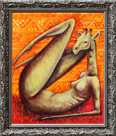 Painting titled "Giraffe" by Nella Fauve, Original Artwork, Oil Mounted on Wood Stretcher frame