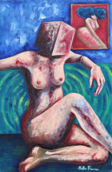 Schilderij getiteld "In the red box" door Nella Fauve, Origineel Kunstwerk, Olie Gemonteerd op Frame voor houten brancard