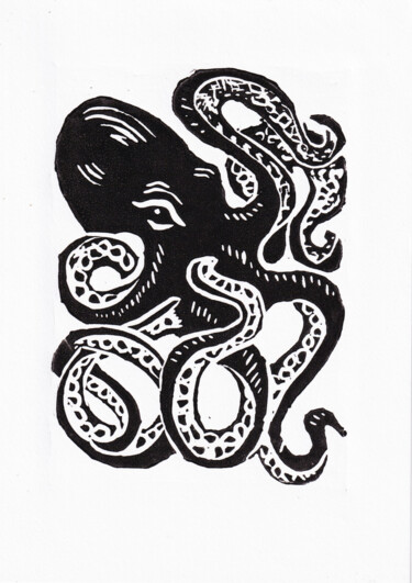 "Octopus Linocut pri…" başlıklı Baskıresim Nella Fauve tarafından, Orijinal sanat, Linocut