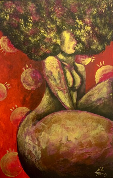 Painting titled "Golden Pomegranate" by Nella Fauve, Original Artwork, Oil Mounted on Wood Stretcher frame