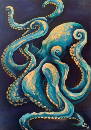 Painting titled "Octopus oil paintin…" by Nella Fauve, Original Artwork, Oil Mounted on Wood Stretcher frame