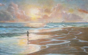 Pittura intitolato "Ocean Beach after L…" da Nella Genkina, Opera d'arte originale, Olio