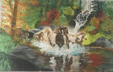 Peinture intitulée "Chevaux et cascade" par Nelly, Œuvre d'art originale, Huile