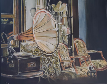 Painting titled "Le gramophone" by Nelly Larue, Original Artwork, Oil Mounted on Wood Stretcher frame