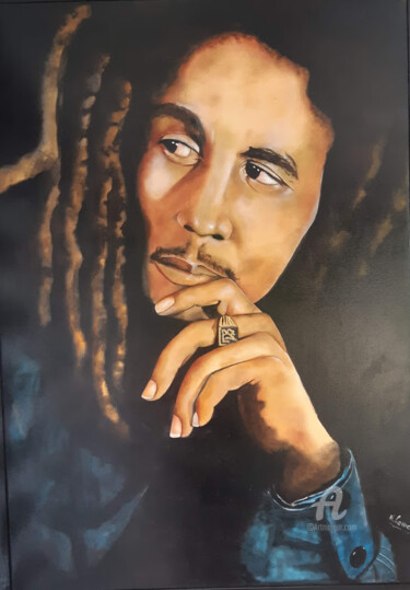 Painting titled "Bob MARLEY" by Nelly Larue, Original Artwork, Oil Mounted on Wood Stretcher frame