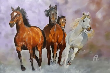 Painting titled "Les chevaux" by Nelly Larue, Original Artwork, Oil Mounted on Wood Stretcher frame