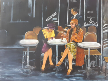 Painting titled "Les parisiennes" by Nelly Larue, Original Artwork, Oil Mounted on Wood Stretcher frame