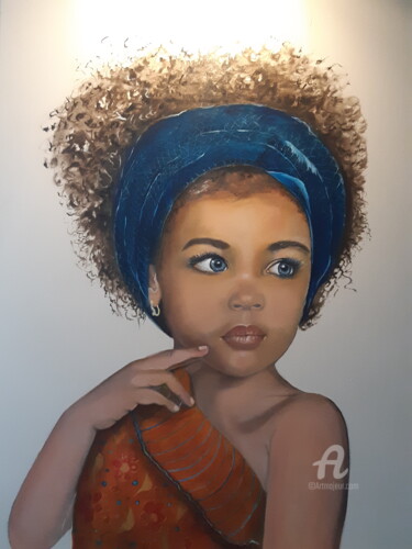 Painting titled ""La jeune Demoisell…" by Nelly Larue, Original Artwork, Oil Mounted on Wood Stretcher frame